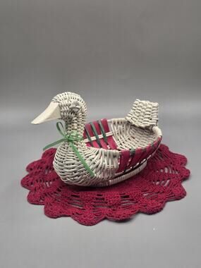 Vintage Duck Shaped Woven Basket Holiday Red Green Accent Farmhouse Planter
